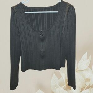 Women's Long Sleeve Ribbed Zip-Front Top in Olive Gray